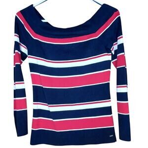 Tommy Hilfiger Women's Red White Blue Striped Boat Neck Sweater Top Medium Y2K
